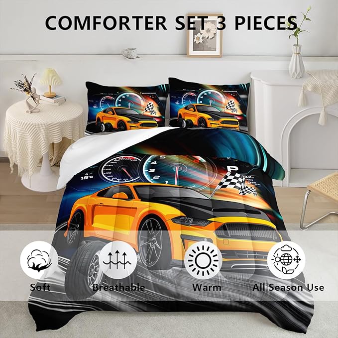 Axolotl Race Car Bedding Set Twin Size,Boys Extreme Sports Comforter Set for Kids Boys Car Racing Gifts,Yellow Cool Car Comforter Car Sports Quilt Set 1 Comforter with 2 Pillowcase Car Racing Gifts - LeafyLoom
