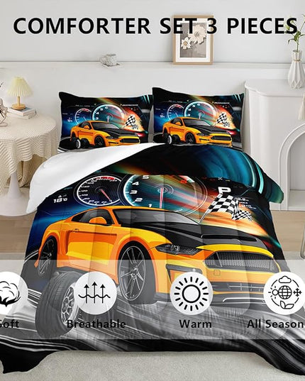 Axolotl Race Car Bedding Set Queen Size,Boys Extreme Sports Comforter Set for Kids Boys Car Racing Gifts,Yellow Cool Car Comforter Car Sports Quilt Set 1 Comforter with 2 Pillowcase Car Racing Gifts - LeafyLoom