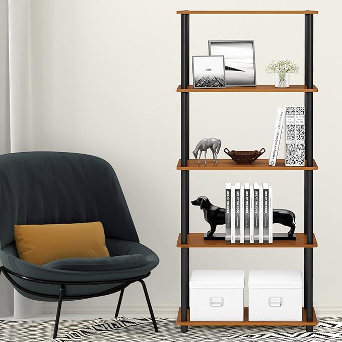 Furinno Turn-N-Tube 5-Tier Multipurpose Shelf / Display Rack / Storage Shelf / Bookshelf, Round Tubes, Light Cherry/Black - LeafyLoom