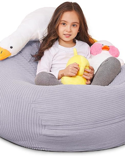 Stuffed Animal Storage Bean Bag Chair Cover for Kids, 38" Beanbag Chairs Cover Plush Toys Organizer Super Soft Corduroy with Handle and Zipper for Boys and Girls - Grey - LeafyLoom