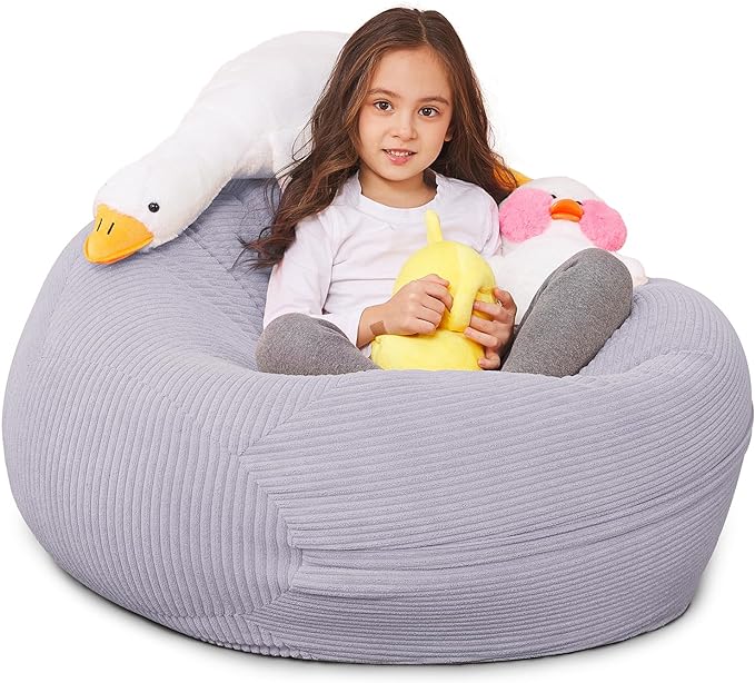 Stuffed Animal Storage Bean Bag Chair Cover for Kids, 38" Beanbag Chairs Cover Plush Toys Organizer Super Soft Corduroy with Handle and Zipper for Boys and Girls - Grey - LeafyLoom