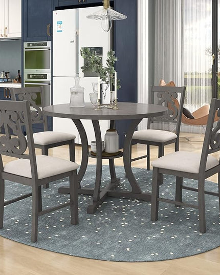 Round Special-Shaped Legs and an Exquisitely Designed Hollow Chair Back, Living Room, Kitchen, 5 Piece Dining Table Set, Gray 10 - LeafyLoom