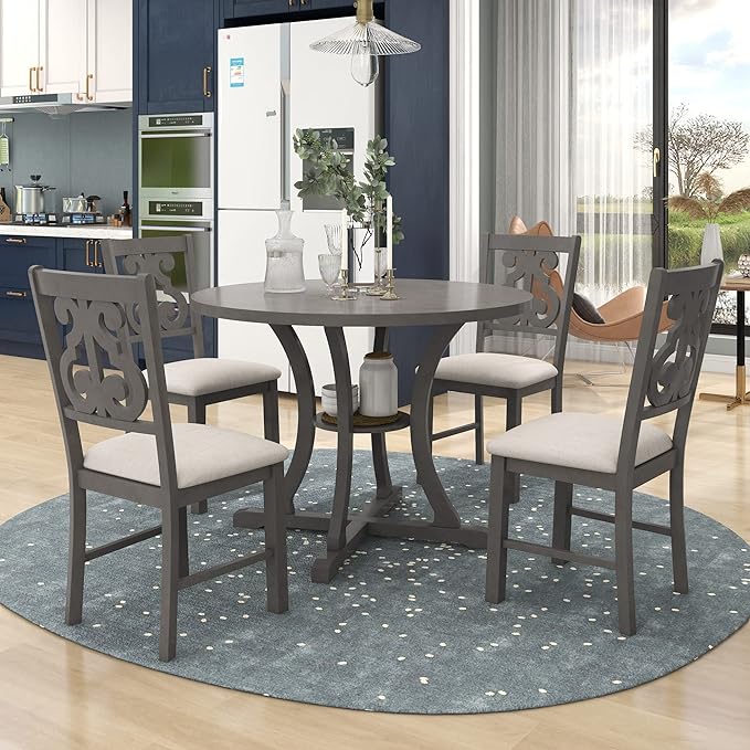 Round Special-Shaped Legs and an Exquisitely Designed Hollow Chair Back, Living Room, Kitchen, 5 Piece Dining Table Set, Gray 10 - LeafyLoom