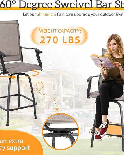 Shintenchi 5 Pieces Outdoor Swivel Bar Set, All Weather Textile Fabric Patio High Bar Stool Bistro Set with 4 Height Back Bar Chairs and Glass Table for Home, Backyard, Garden, Lawn, Porch - LeafyLoom