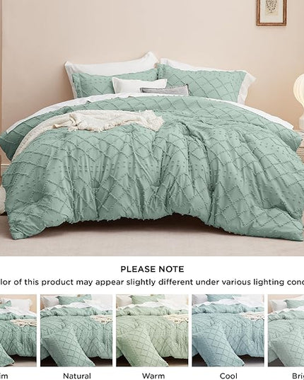 Bedsure Queen Comforter Set - Sage Green Comforter, Boho Tufted Shabby Chic Bedding Comforter Set, 3 Pieces Vintage Farmhouse Bed Set for All Seasons, Fluffy Soft Bedding Set with 2 Pillow Shams - LeafyLoom