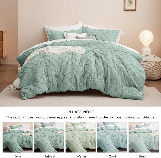 Bedsure Queen Comforter Set - Sage Green Comforter, Boho Tufted Shabby Chic Bedding Comforter Set, 3 Pieces Vintage Farmhouse Bed Set for All Seasons, Fluffy Soft Bedding Set with 2 Pillow Shams - LeafyLoom