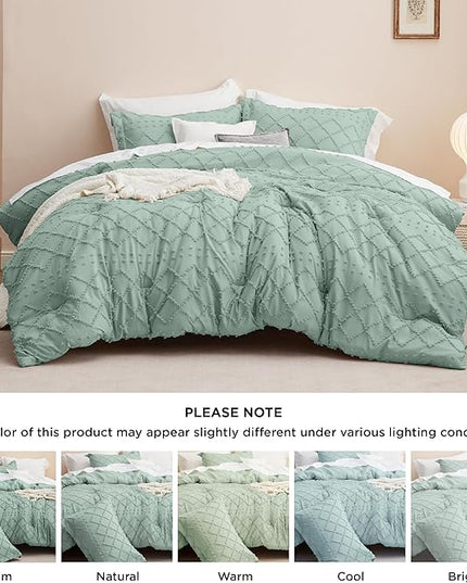 Bedsure King Size Comforter Set - Sage Green Comforter, Boho Tufted Shabby Chic Bedding Comforter Set, 3 Pieces Farmhouse Bed Set for All Seasons, Fluffy Soft Bedding Set with 2 Pillow Shams - LeafyLoom