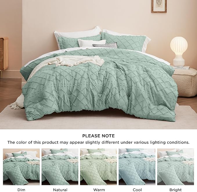 Bedsure King Size Comforter Set - Sage Green Comforter, Boho Tufted Shabby Chic Bedding Comforter Set, 3 Pieces Farmhouse Bed Set for All Seasons, Fluffy Soft Bedding Set with 2 Pillow Shams - LeafyLoom