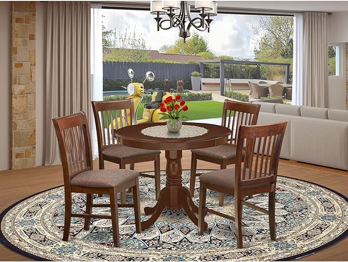 East West Furniture ANNO5-MAH-C 5 Piece Kitchen Set for 4 Includes a Round Room Table with Pedestal and 4 Linen Fabric Upholstered Dining Chairs, 36x36 Inch - LeafyLoom