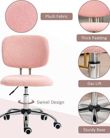 Vinsetto Cute Armless Office Chair, Teddy Fleece Fabric Computer Desk Chair, Vanity Task Chair with Adjustable Height, Swivel Wheels, Mid Back, Pink - LeafyLoom