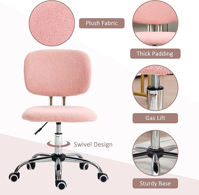 Vinsetto Cute Armless Office Chair, Teddy Fleece Fabric Computer Desk Chair, Vanity Task Chair with Adjustable Height, Swivel Wheels, Mid Back, Pink - LeafyLoom