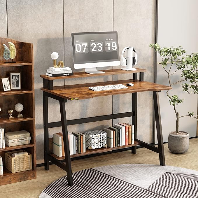 Computer Home Office Desk, 31.5" Desk for Small Spaces with Storage Shelf,Small Computer Desk with Monitor and Bookshelf, Modern Simple Style Laptop Desk - LeafyLoom