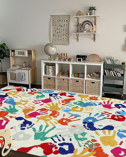 Large Colorful Kids Rug 6x9 Ft, Non-Slip Washable Rug for Classroom, Handprints and Footprints Rugs for Playroom, Soft Nursery Rug Indoor Play Mat for Kids Room Daycare School - LeafyLoom