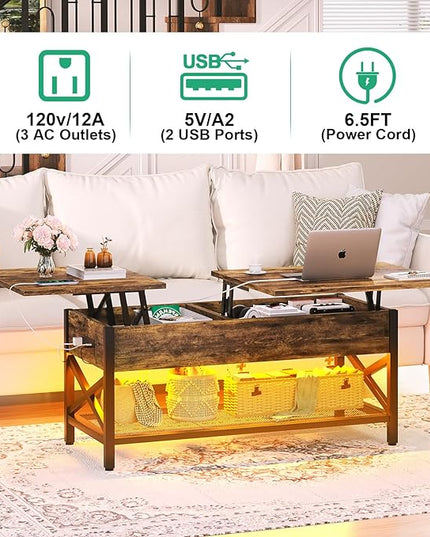 Coffee Table, Lift Top Coffee Table with Storage, LED Light & Power Outlet and Hidden Compartment, Retro Center Table for Living Room, X Support Wood Tabletop, Metal Frame, Rustic Brown - LeafyLoom