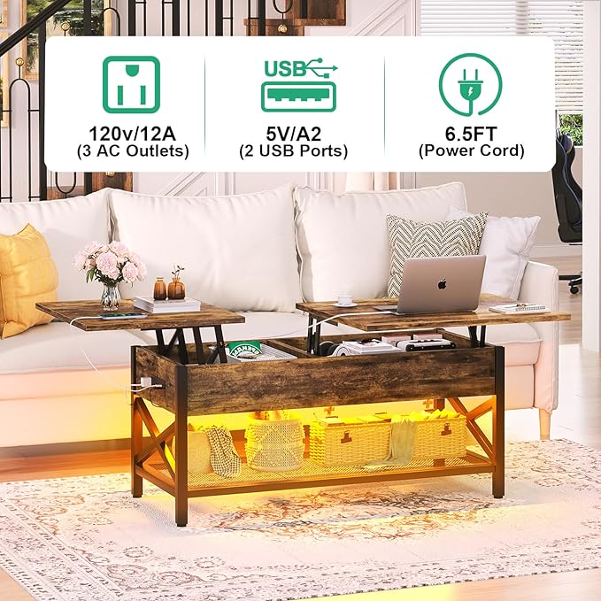 Coffee Table, Lift Top Coffee Table with Storage, LED Light & Power Outlet and Hidden Compartment, Retro Center Table for Living Room, X Support Wood Tabletop, Metal Frame, Rustic Brown - LeafyLoom