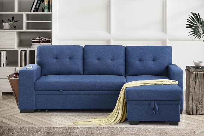 L Shaped Sectional Sofa Storage Chaise, Upholstered Convertible Couch Pull Out Sleeper Bed, Armrest with Hidden Shelves, USB Port & Cup Holder for Living Room Apartment, Blue, 92 - LeafyLoom