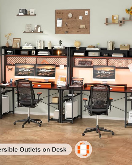 armocity 2024 Upgrade Gaming Desk with Hutch, 55.2'' Magic Computer Desk with LED Lights and Outlets, Reversible Workstation Desk with Pegboard and Monitor Stand, Gamer Desk PC Table, Black - LeafyLoom