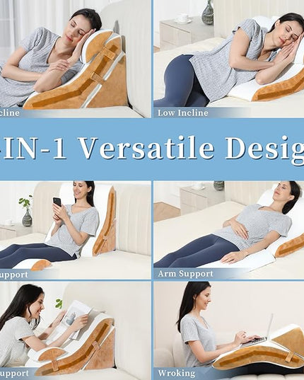 Bed Wedge Pillow for Sleeping 3PCS, 20-in-1 Adjustable Memory Foam Wedge Pillow for Acid Reflux, 3-in-1 Incline Pillow Wedge for After Surgery, Snoring, Back Pain(Brown) - LeafyLoom