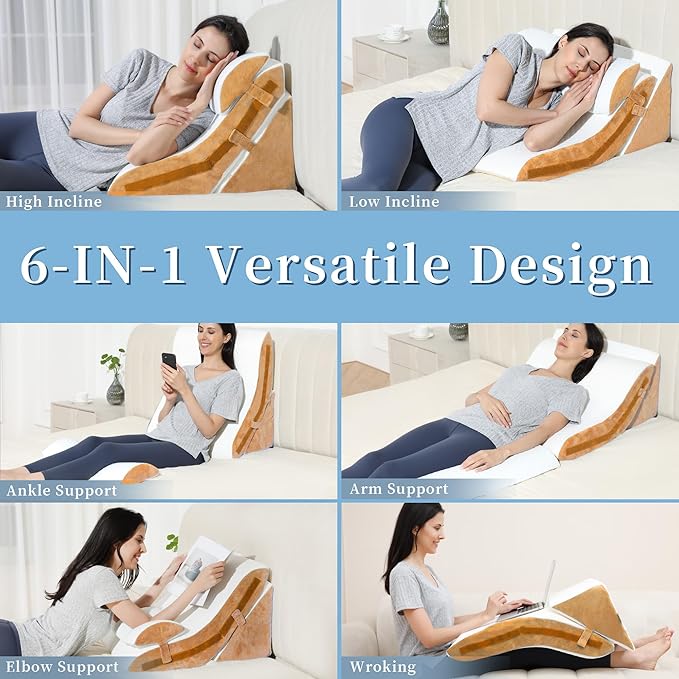 Bed Wedge Pillow for Sleeping 3PCS, 20-in-1 Adjustable Memory Foam Wedge Pillow for Acid Reflux, 3-in-1 Incline Pillow Wedge for After Surgery, Snoring, Back Pain(Brown) - LeafyLoom