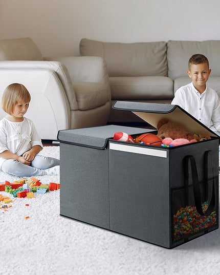Large Toy Box for Boys Girls Toy Chest Kids Toy Storage Organizer Collapsible Toy Storage Bin Basket with Two Mesh Pockets for Nursery Playroom Bedroom Living Room Organization - LeafyLoom