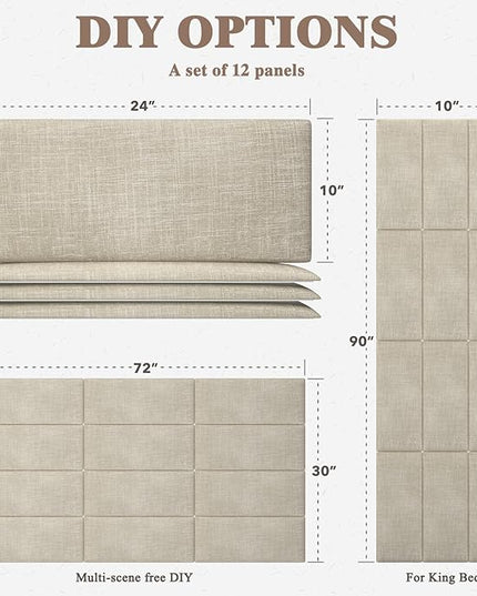 King Headboard, Wall Mounted Peel and Stick Headboard, Upholstered Tufted Bed Headboard for King Size Bed, Floating Dorm Bedroom Tall Headboard Soundproof Wall Panels (12 Panels, 10"x24") - LeafyLoom