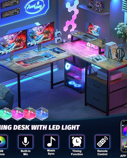 Homieasy L Shaped Computer Desk with Storage File Drawer, Reversible Home Office Desk with Recessed Power Strip and Led Strip, Corner Gaming Desk Work Study Table with Monitor Stand, Rustic Brown - LeafyLoom