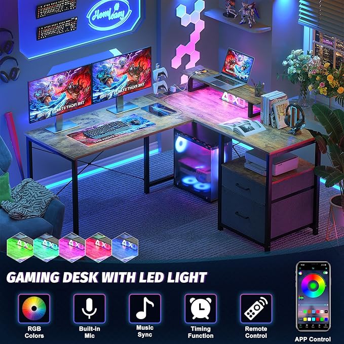 Homieasy L Shaped Computer Desk with Storage File Drawer, Reversible Home Office Desk with Recessed Power Strip and Led Strip, Corner Gaming Desk Work Study Table with Monitor Stand, Rustic Brown - LeafyLoom