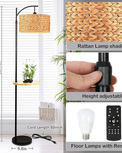 Rattan Floor Lamp for Living Room Bedroom with Table Shelves,Boho Arc Floor Lamps with Remote Dimmable Farmhouse Wood Shelf Attached Standing Lamp Wicker Bamboo Tall Lamp Floor Light Bohemian - LeafyLoom