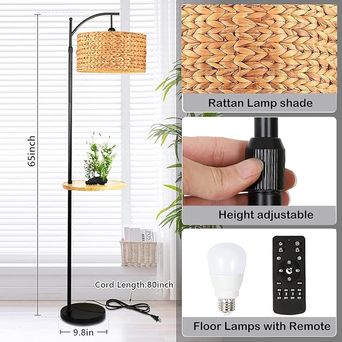 Rattan Floor Lamp for Living Room Bedroom with Table Shelves,Boho Arc Floor Lamps with Remote Dimmable Farmhouse Wood Shelf Attached Standing Lamp Wicker Bamboo Tall Lamp Floor Light Bohemian - LeafyLoom