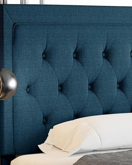 Allewie Queen Size Bed Frame Upholstered Platform Bed with Adjustable Headboard, Button Tufted, Wood Slat Support, Easy Assembly, Blue - LeafyLoom
