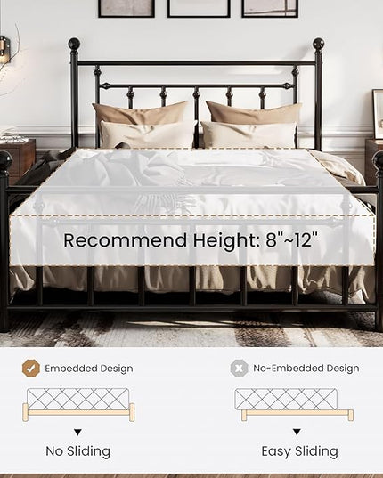 SHA CERLIN 14'' Queen Size Metal Platform Bed Frame/Victorian Headboard and Footboard/Steel Slats Mattress Foundation for Storage/No Box Spring Needed/Noise Free/Black - LeafyLoom
