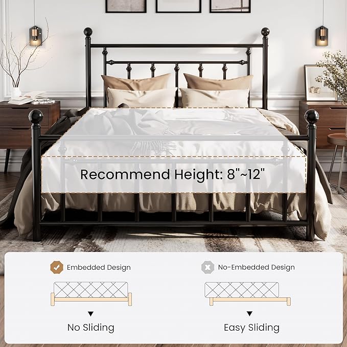 SHA CERLIN 14'' Queen Size Metal Platform Bed Frame/Victorian Headboard and Footboard/Steel Slats Mattress Foundation for Storage/No Box Spring Needed/Noise Free/Black - LeafyLoom