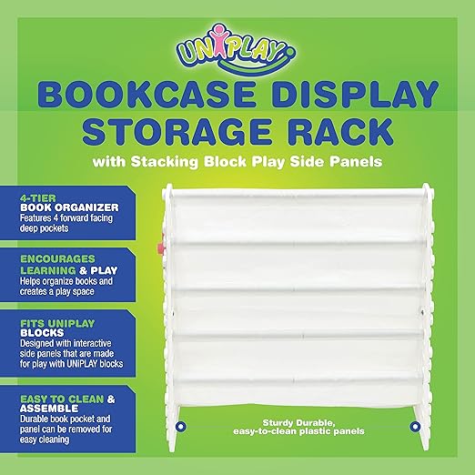 UNiPLAY Kids 4-Tier Book Storage Organizer with Sling Book Pockets, Plastic Sling Rack Bookshelf for Playroom, Fits Blocks, White - LeafyLoom
