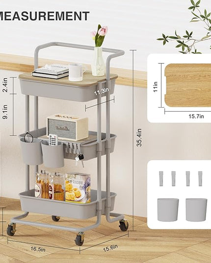 DTK 3 Tier Rolling Utility Cart with Cover Top Board, Movable Kitchen Storage Cart Trolley with Lockable Wheels, Cups, Hooks for Kitchen Bathroom Home Office Art Craft Storage and Organization(Grey) - LeafyLoom