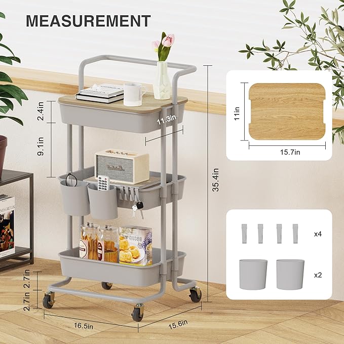 DTK 3 Tier Rolling Utility Cart with Cover Top Board, Movable Kitchen Storage Cart Trolley with Lockable Wheels, Cups, Hooks for Kitchen Bathroom Home Office Art Craft Storage and Organization(Grey) - LeafyLoom