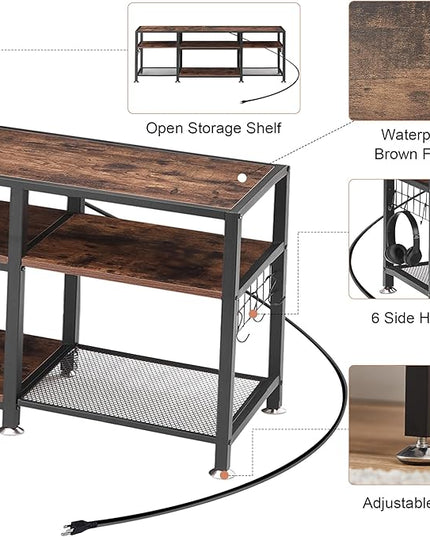 VECELO TV Stand with Power Outlets for Televisions Up to 70 Inch, Industrial Entertainment Center with 3-Tier Open Storage Shelves & 6 Hooks for Living, Bedroom and Gaming Room, 63 Inch, Brown - LeafyLoom