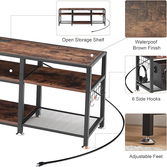 VECELO TV Stand with Power Outlets for Televisions Up to 70 Inch, Industrial Entertainment Center with 3-Tier Open Storage Shelves & 6 Hooks for Living, Bedroom and Gaming Room, 63 Inch, Brown - LeafyLoom