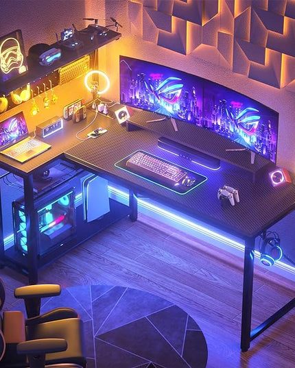Homieasy Small Gaming Desk with Power Outlets Pegboard LED Light, 51 Inch L Shaped Computer Desk with Monitor Stand Storage Shelves, Reversible Corner Desk with Headset Hooks, Carbon Fiber Black - LeafyLoom