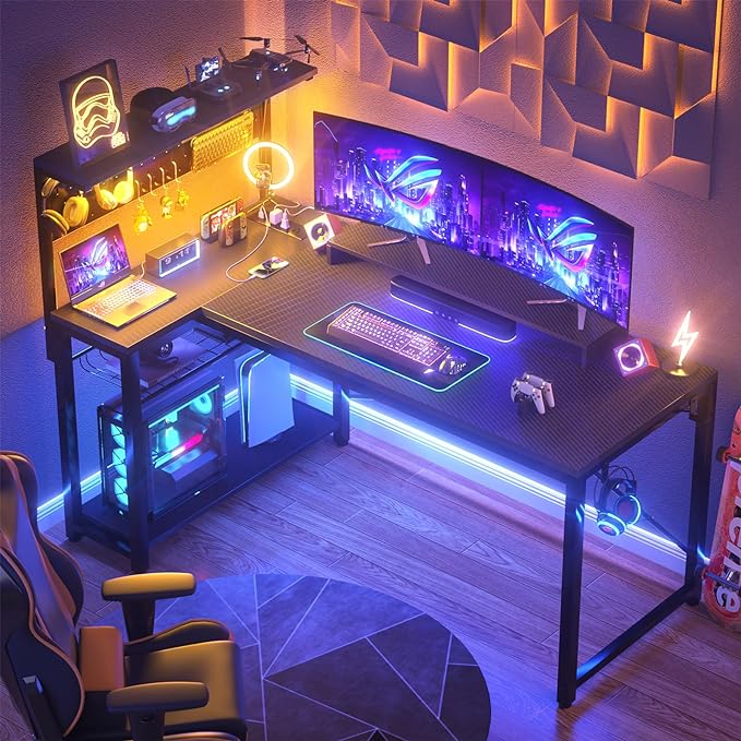 Homieasy Small Gaming Desk with Power Outlets Pegboard LED Light, 51 Inch L Shaped Computer Desk with Monitor Stand Storage Shelves, Reversible Corner Desk with Headset Hooks, Carbon Fiber Black - LeafyLoom