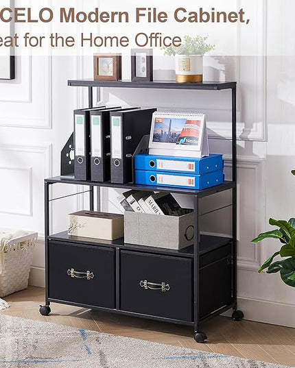 VECELO Mobile Lateral File Cabinet Rolling Printer Stand with 3 Open Storage Shelf, Ideal for Letter Size Folders, with Lockable Casters, Strong Steel Frame, Perfect for Office, Black, 2 Drawer - LeafyLoom