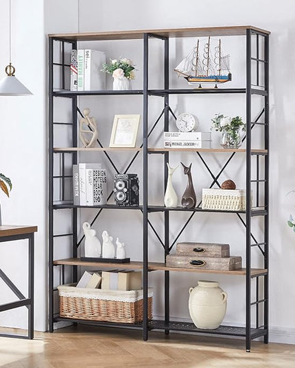 HOMISSUE Double Wide 6-Tier Bookshelf,Industrial Bookcases with Metal Frame,Open Large Storage Bookshelves,Wood Style and Metal Tall Display Shelves for Living Room Office,Brown - LeafyLoom
