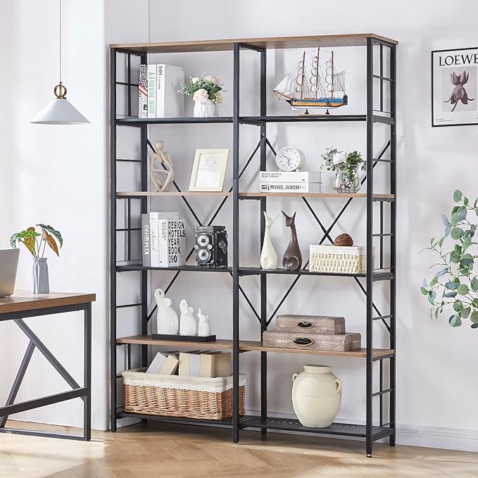 HOMISSUE Double Wide 6-Tier Bookshelf,Industrial Bookcases with Metal Frame,Open Large Storage Bookshelves,Wood Style and Metal Tall Display Shelves for Living Room Office,Brown - LeafyLoom