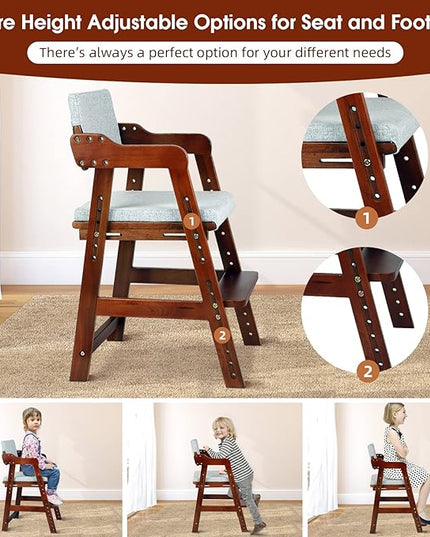 Ezebaby Wooden High Chair for Toddlers to Teens, Adjustable Kids Study Chair with Steps, Kids Dining Chair with Removable Cushion (Nut-Brown) - LeafyLoom