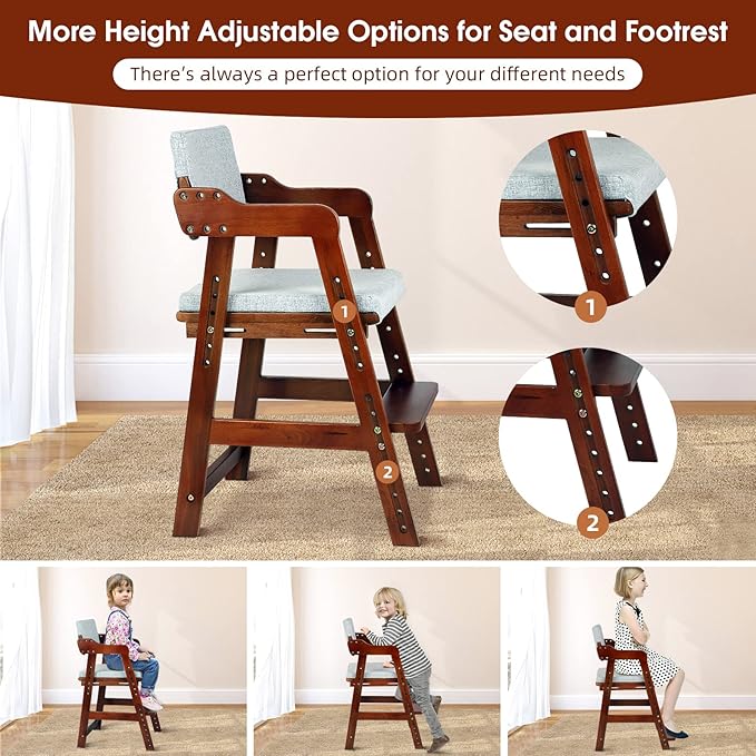 Ezebaby Wooden High Chair for Toddlers to Teens, Adjustable Kids Study Chair with Steps, Kids Dining Chair with Removable Cushion (Nut-Brown) - LeafyLoom