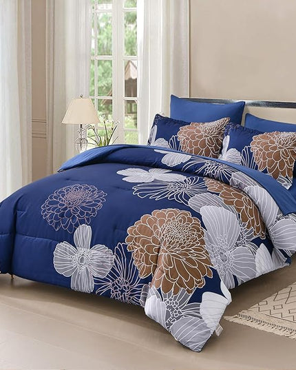 Yiran Navy Brown Comforter Set Queen Bed in a Bag 7 Pieces Floral Soft Microfiber Comforter Bedding Sets Bed Set with Comforter, Sheets, Pillowcases & Shams 90"×90" - LeafyLoom