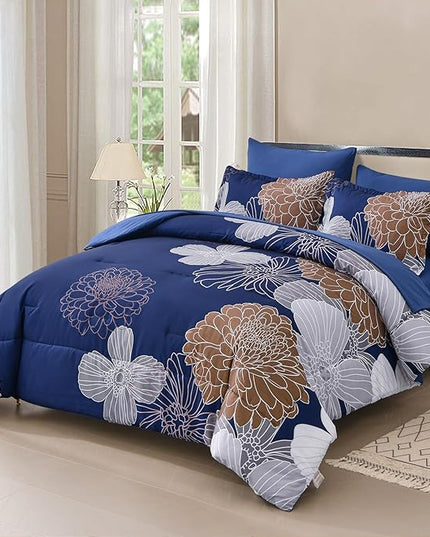 Yiran 7 Pieces Floral Comforter Bedding Sets Bed in a Bag Navy Brown Soft Microfiber Comforter Set with Comforter, Sheets, Pillowcases & Shams King Size 103"×90" - LeafyLoom