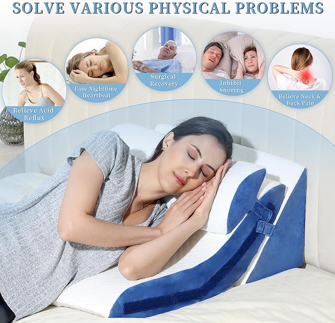 Bed Wedge Pillow for Sleeping 3PCS, 20-in-1 Adjustable Memory Foam Wedge Pillow for Acid Reflux, 3-in-1 Incline Pillow Wedge for After Surgery, Snoring, Back Pain(Navy) - LeafyLoom