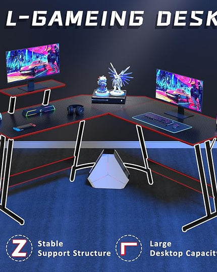 L Shaped Gaming Desk, 66 Inch Computer Corner Table with Large Monitor Stand & Carbon Fiber Surface for Home Office Study Writing Workstation, Black - LeafyLoom