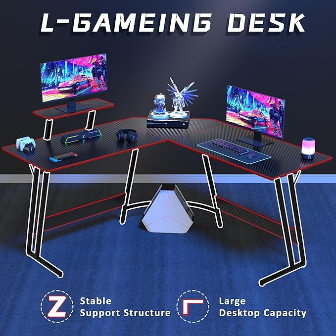 L Shaped Gaming Desk, 66 Inch Computer Corner Table with Large Monitor Stand & Carbon Fiber Surface for Home Office Study Writing Workstation, Black - LeafyLoom