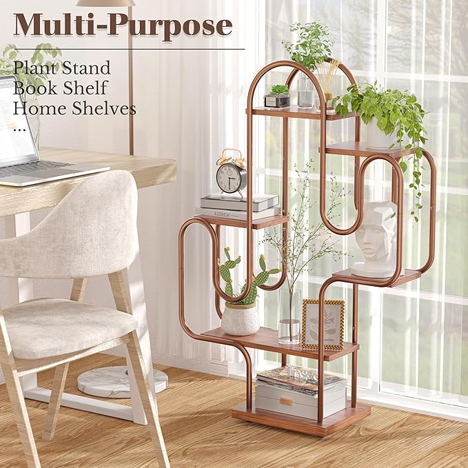 Allinside Cactus Corner Bookshelf, 6 Tiers Multipurpose Plant Stand, Heavy-Duty Metal Corner Shelf, Creative Tall Display Rack, Rustic Bookcase for Living Room, Bedroom, Home Office and Balcony - LeafyLoom